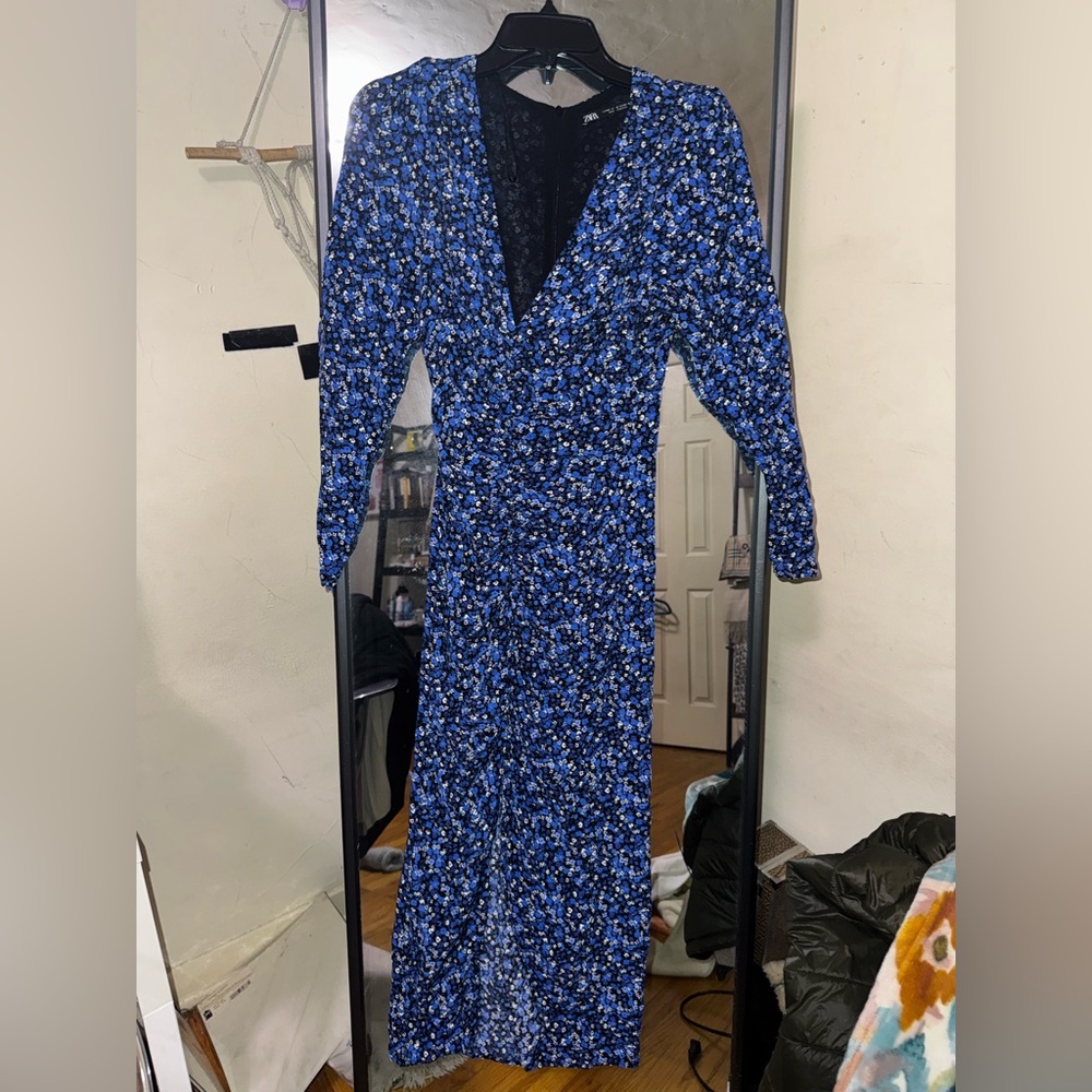 Zara Long Sleeve Blue Floral Dress